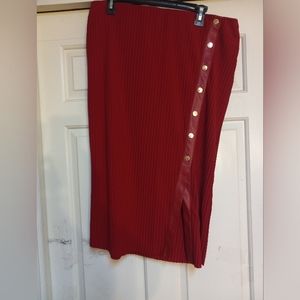 Red Midi Pleated Skirt with Button Detail